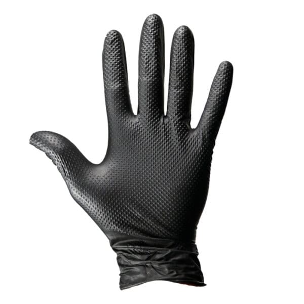 Black textured glove with five fingers.