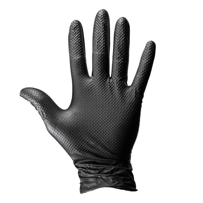 Black textured glove displayed palm up.