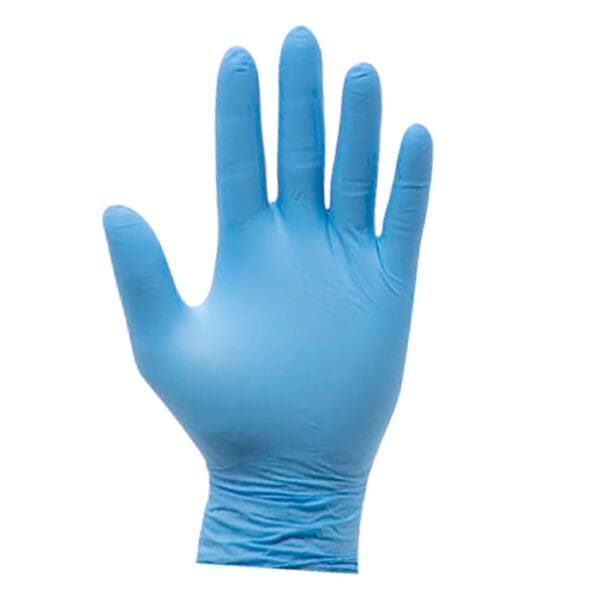 Blue latex glove shown from palm view.