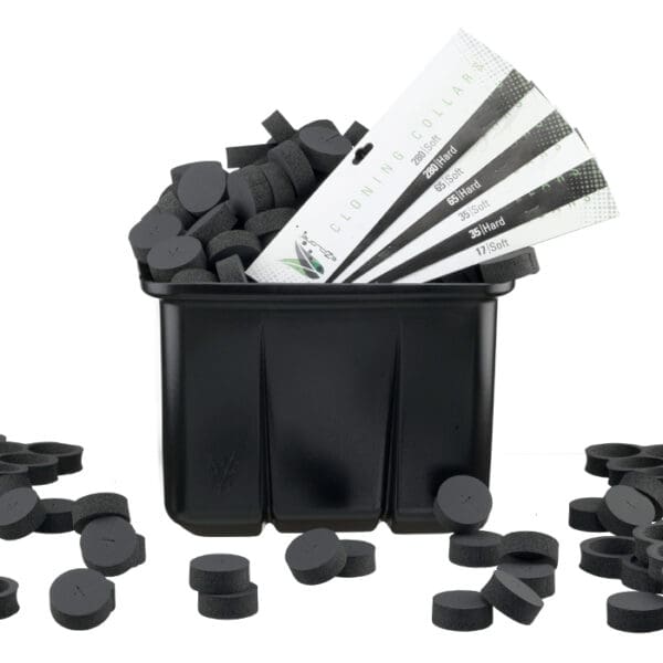 Black foam cloning collars in a container.