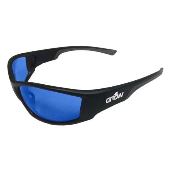 Black sunglasses with blue lenses.