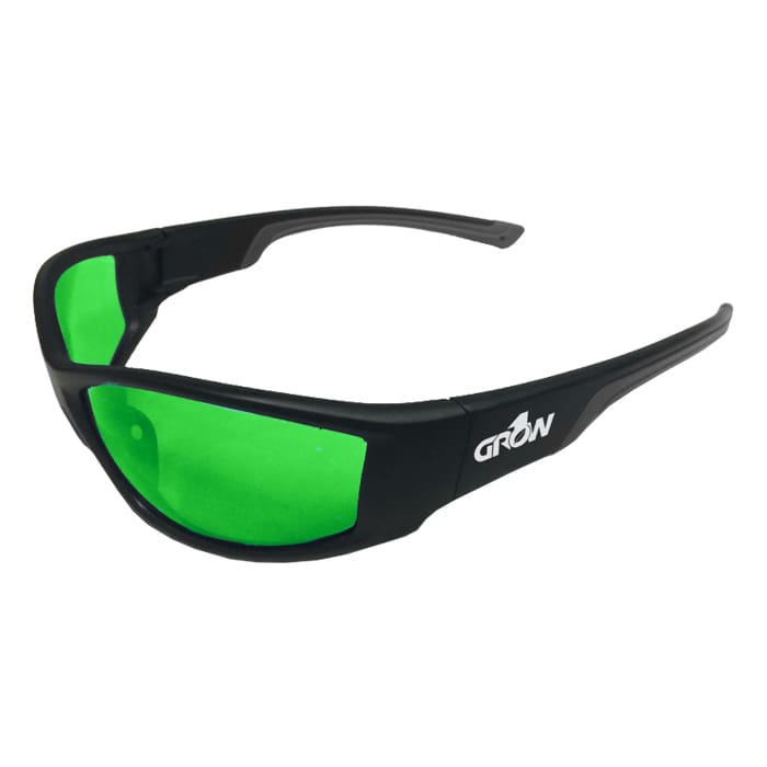 Black sunglasses with green lenses.