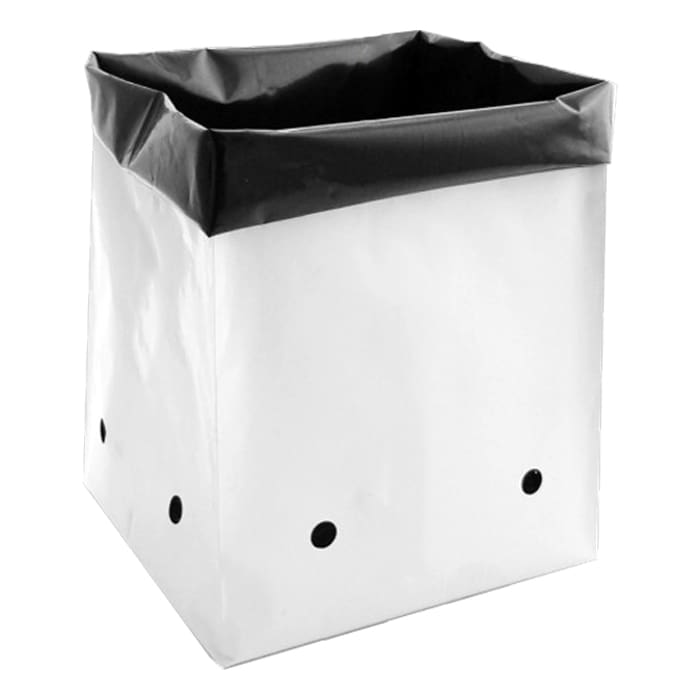 White and black waste container with holes.