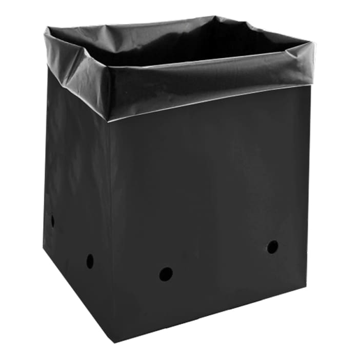 Black square trash bag container with holes.