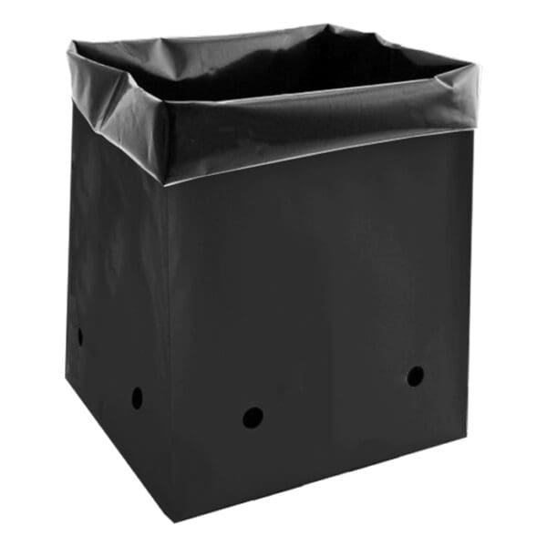 Black square trash bin with holes.