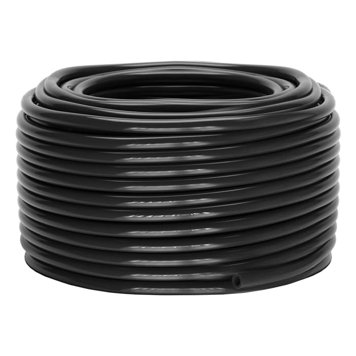 Black coiled hose on a circular spool.