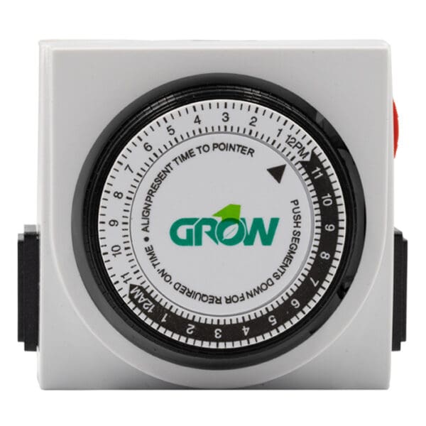 Digital timer with GROW logo and settings.