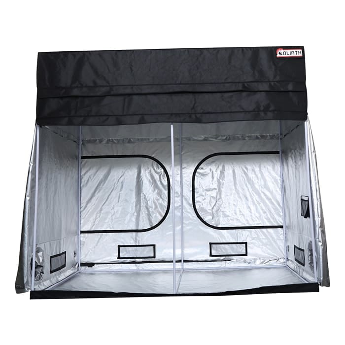 Reflective indoor grow tent with black cover.