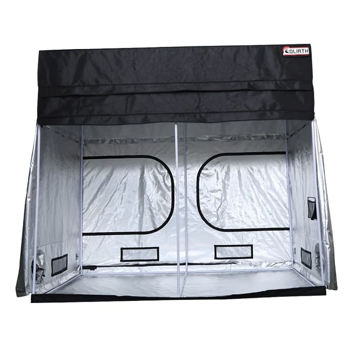 Black and silver portable grow tent interior.