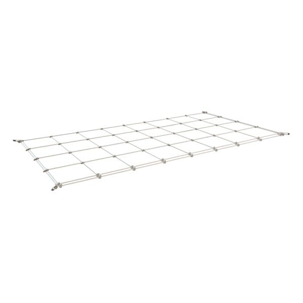 Metal mesh grid structure on a white background.