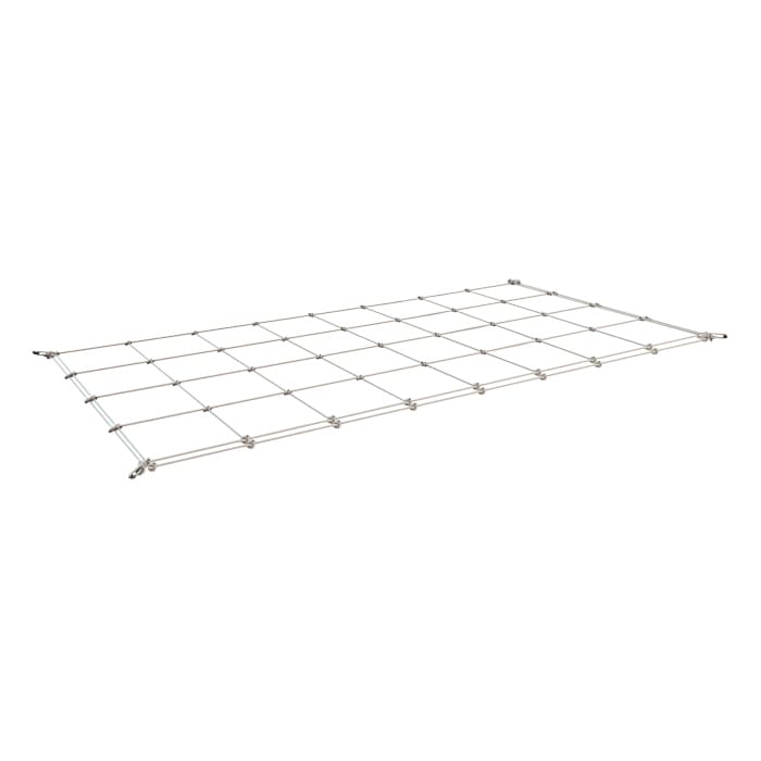 Metal mesh grid structure on a white background.