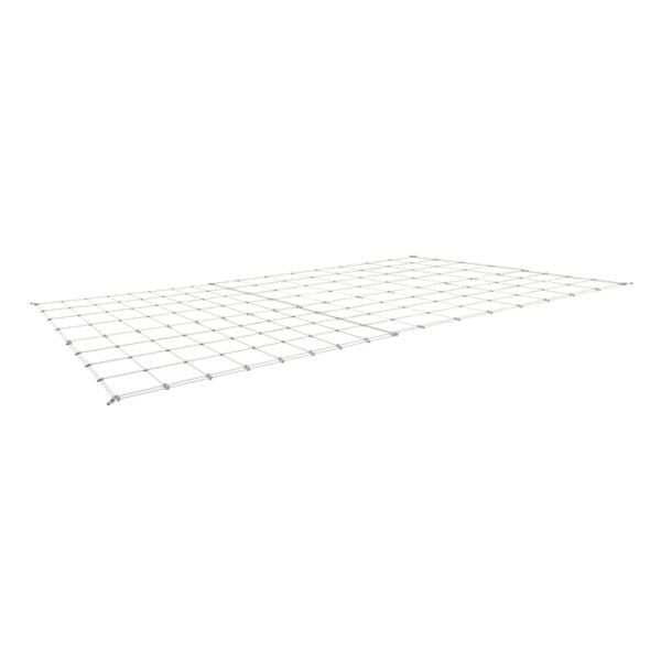 Wire grid storage shelf with rectangular shape.