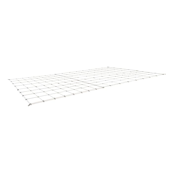 Metal grid storage shelf with square pattern.