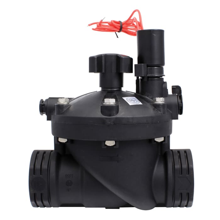 Black irrigation control valve with wires.