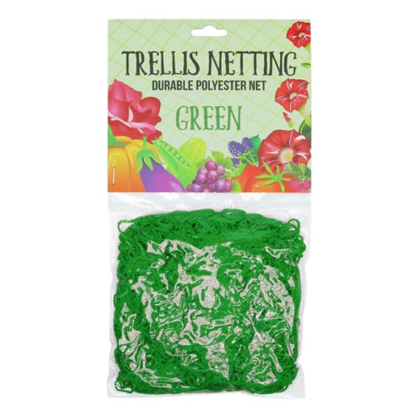 Green trellis netting in plastic packaging.