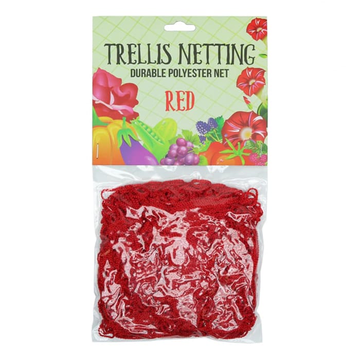 Red trellis netting on colorful packaging.