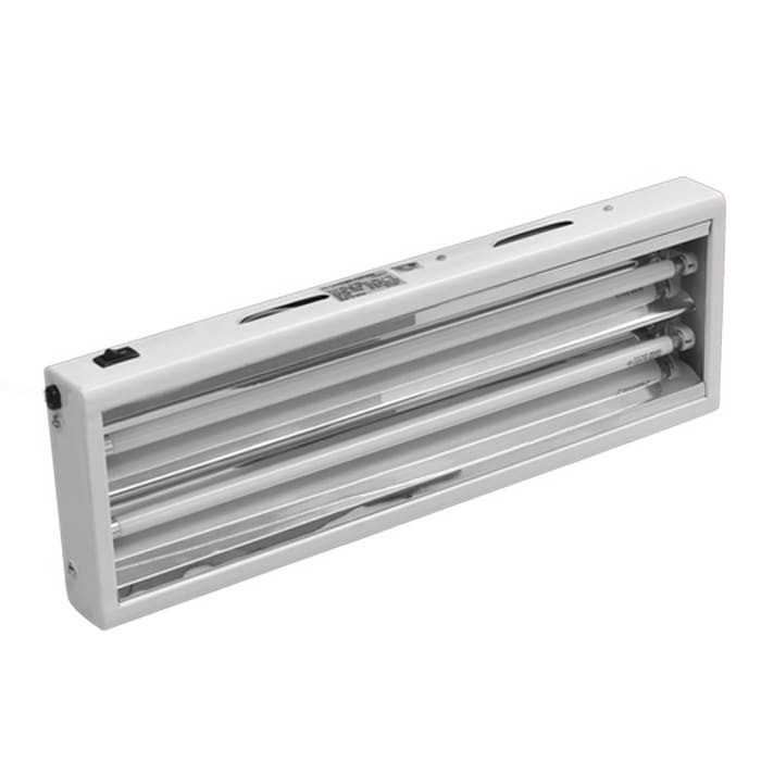 White fluorescent light fixture with multiple tubes.