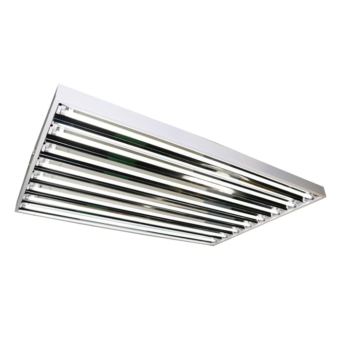 Fluorescent ceiling light fixture with slats.