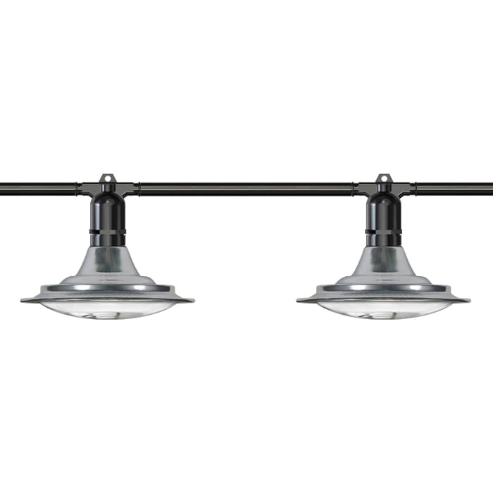 Industrial-style ceiling lights on a track.