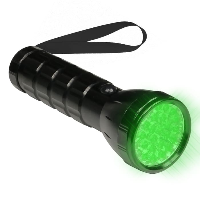 Green LED flashlight with black body.