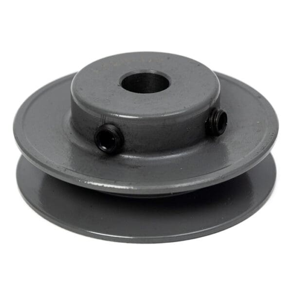 Gray metal pulley with central hole.