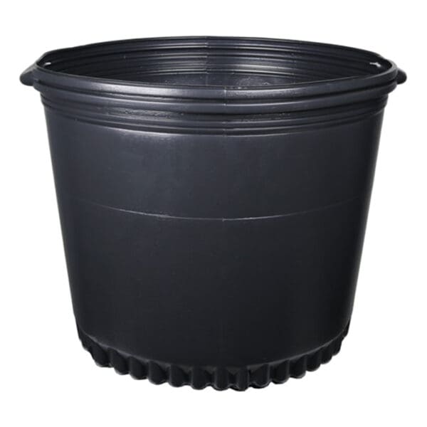 Black plastic plant pot with ridged bottom.