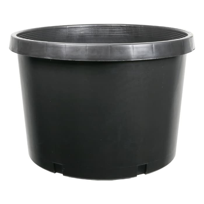 Black plastic storage container or pot.