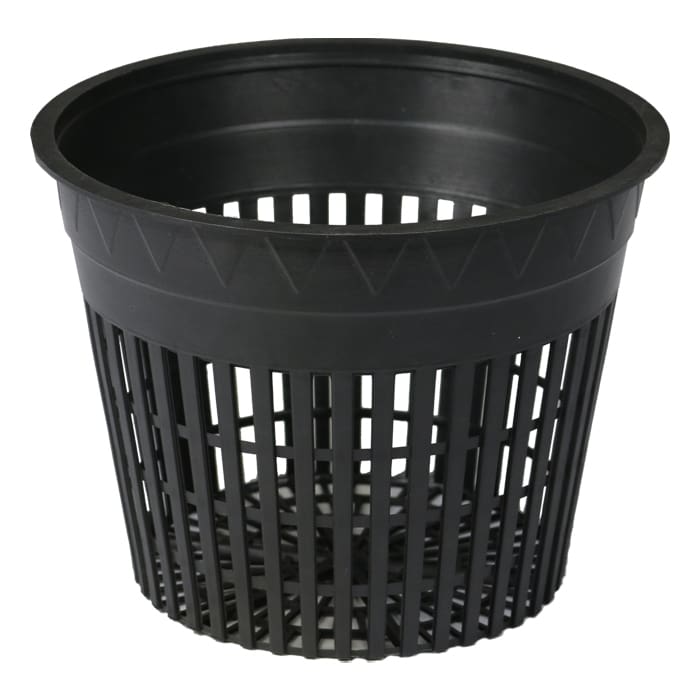 Black plastic plant nursery pot without a base.