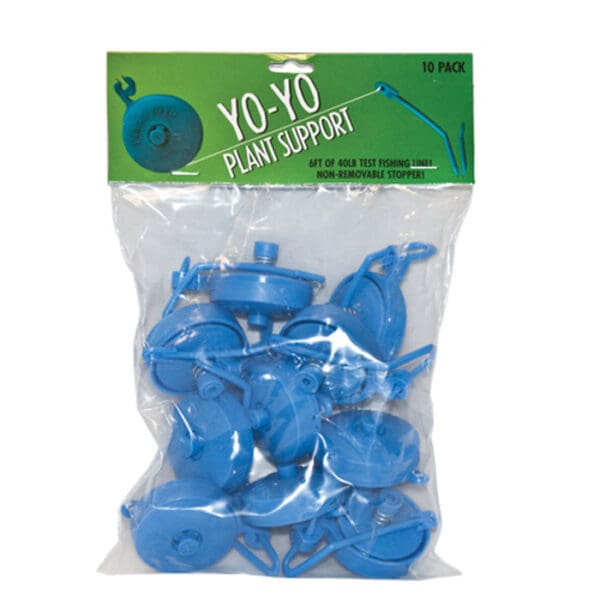 Blue plant support yo-yos in transparent packaging.