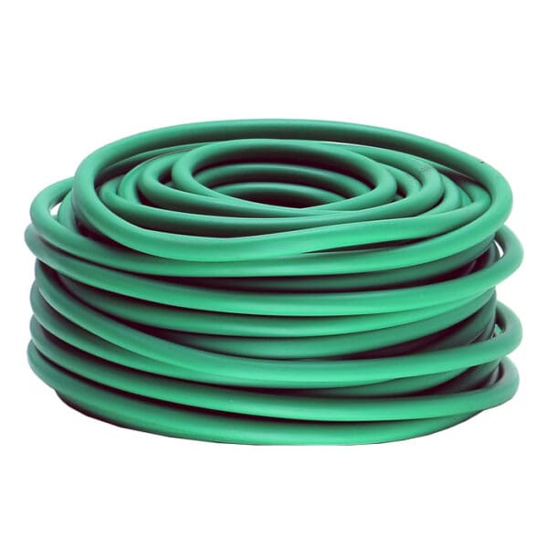 Green coiled garden hose on white background.