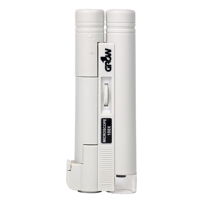 Portable white microscope with adjustable lens.