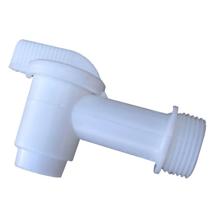 White plastic plumbing connector with threaded end.