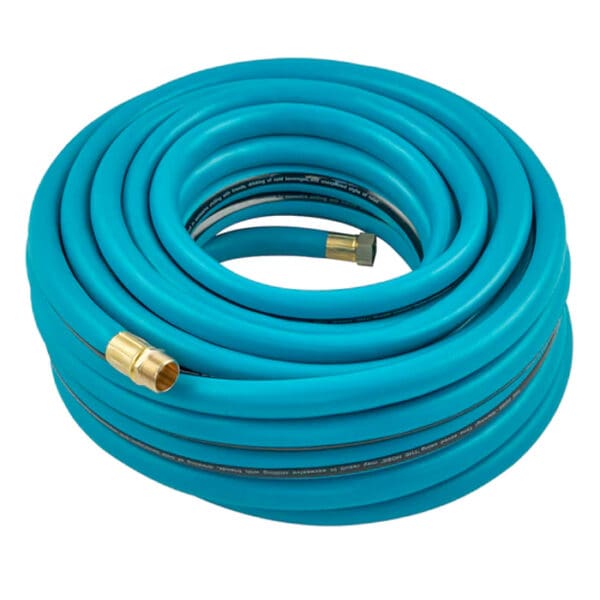 Coiled turquoise garden hose with connectors.