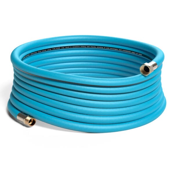 Coiled blue garden hose with metal fittings.