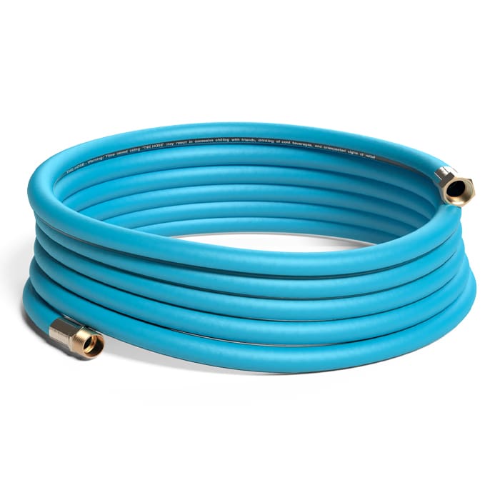 Blue flexible hose coiled on a surface.