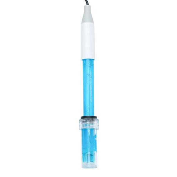 Glass pH probe with blue liquid inside.