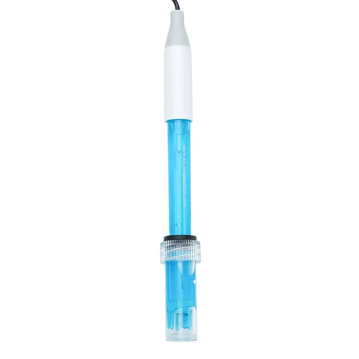 Glass pH probe with blue liquid inside.