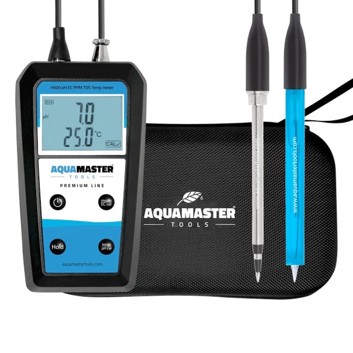 PH and temperature meter with accessories.