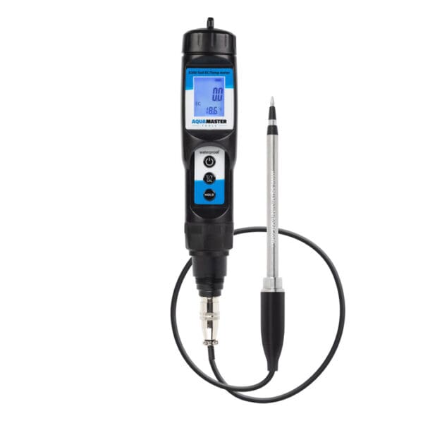 Digital EC meter with probe and display.