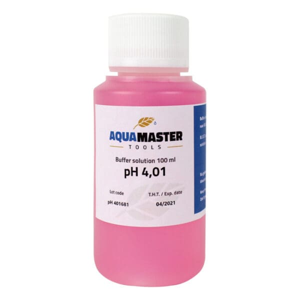 Pink buffer solution bottle, 100 ml, pH 4.01.