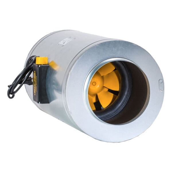 Inline duct fan with yellow propeller.