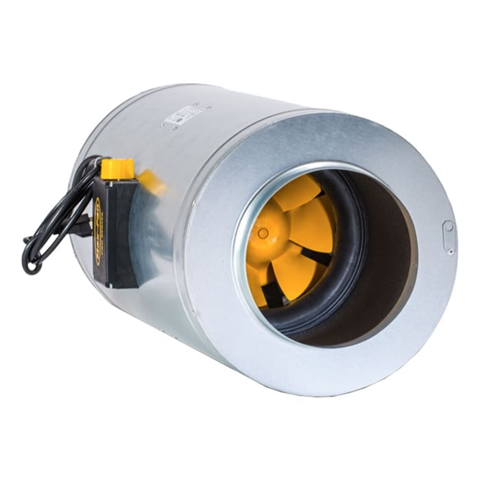 Circular inline fan with yellow blades.