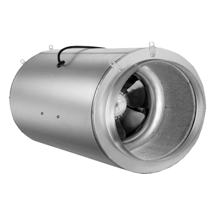 Metal duct fan with visible blades inside.