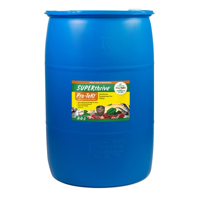 Blue barrel containing plant nutrient supplement.