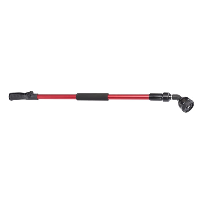 Red adjustable pole with spray nozzle attachment.