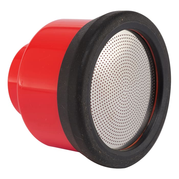 Red air filter with a metal mesh.