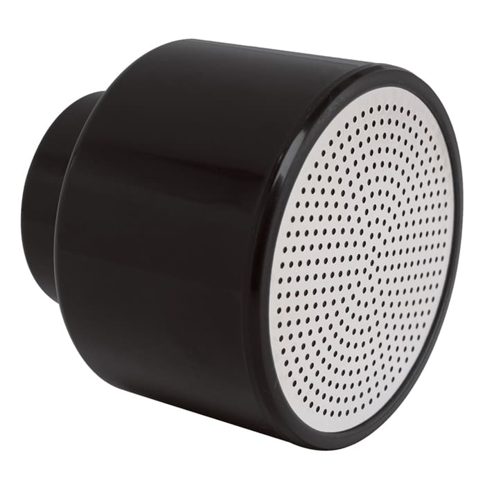 Black cylindrical speaker with perforated front.