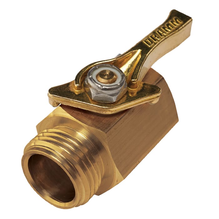 Brass valve with a lever handle.