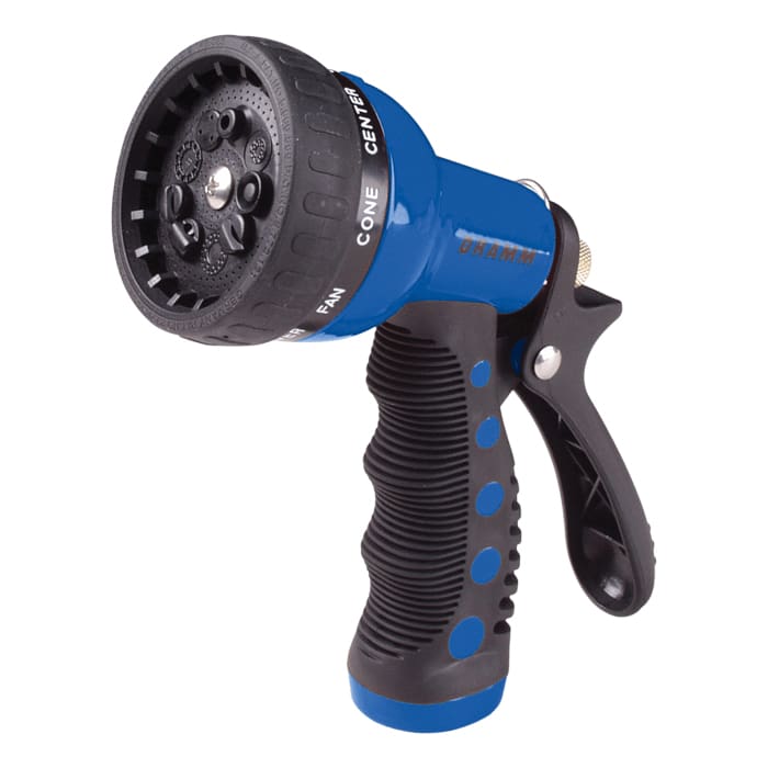 Blue garden hose spray nozzle with grip.