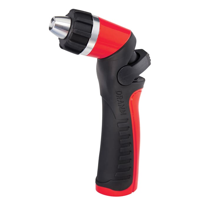 Red and black garden hose spray nozzle.